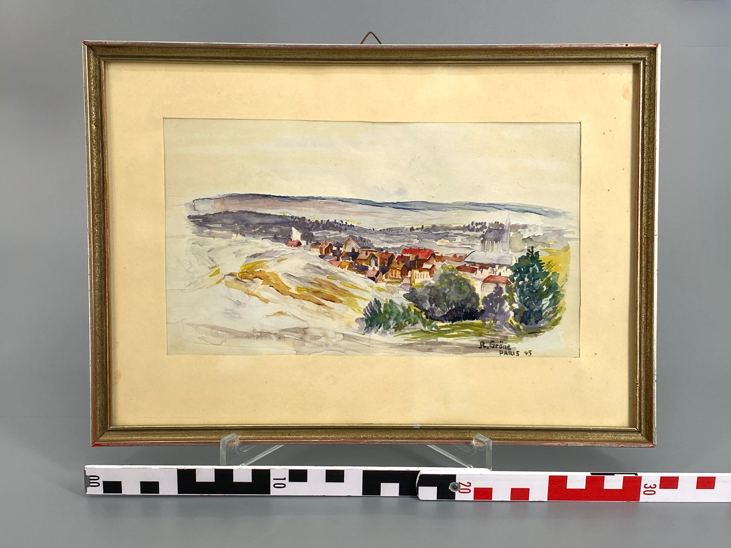 Signiertes Aquarell "Stadtansicht aus dem Fenster des Internierungslagers" von R. Gröne, 1945