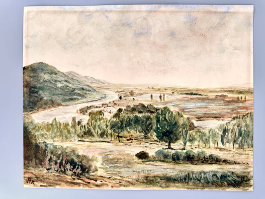 Aquarell, weite mediterrane Landschaft